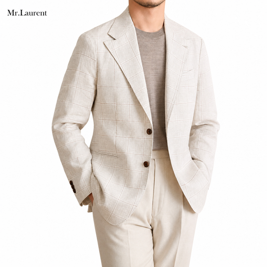 Mr.L スリムフィット シングルブレスト 2つボタン リネン 天然素材 チェック 柄 ピークドラペル 玉縁ポケット スタンダード 機能性抜群 シワになりにくい エレガント テーラード ジャケット