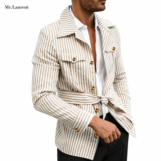 Mr.L サファリシャツジャケット メンズストライプ 多ポケット長袖 男性カーディガンシャツ