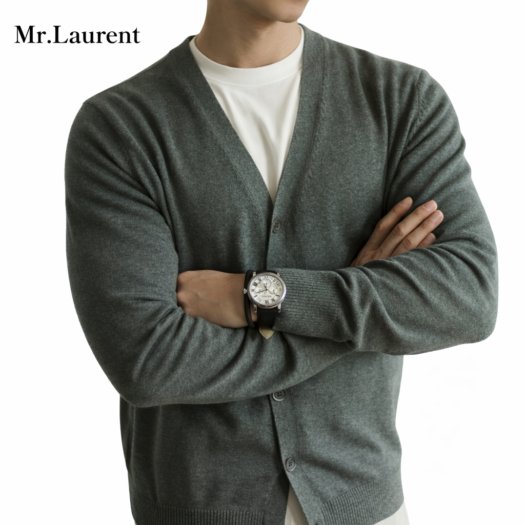 Mr.L 上質コットン Vネック ニットカーディガン メンズ