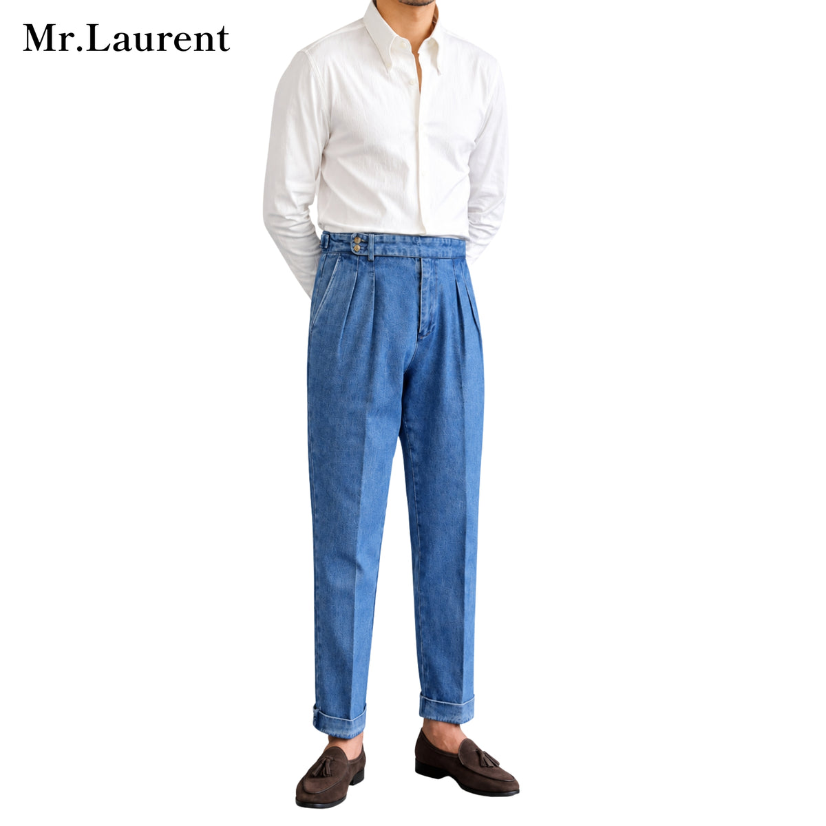 Mr.L デニムスラックス ワイドテーパード センタープレス トラウザー メンズ