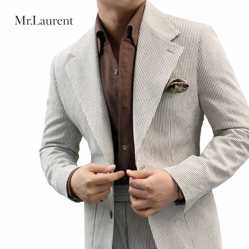 Mr.L 凹凸シアサッカー プレミアム セットアップ メンズ ストレッチ 軽量 速乾 アンコンジャケット テーパードパンツ 上下セット