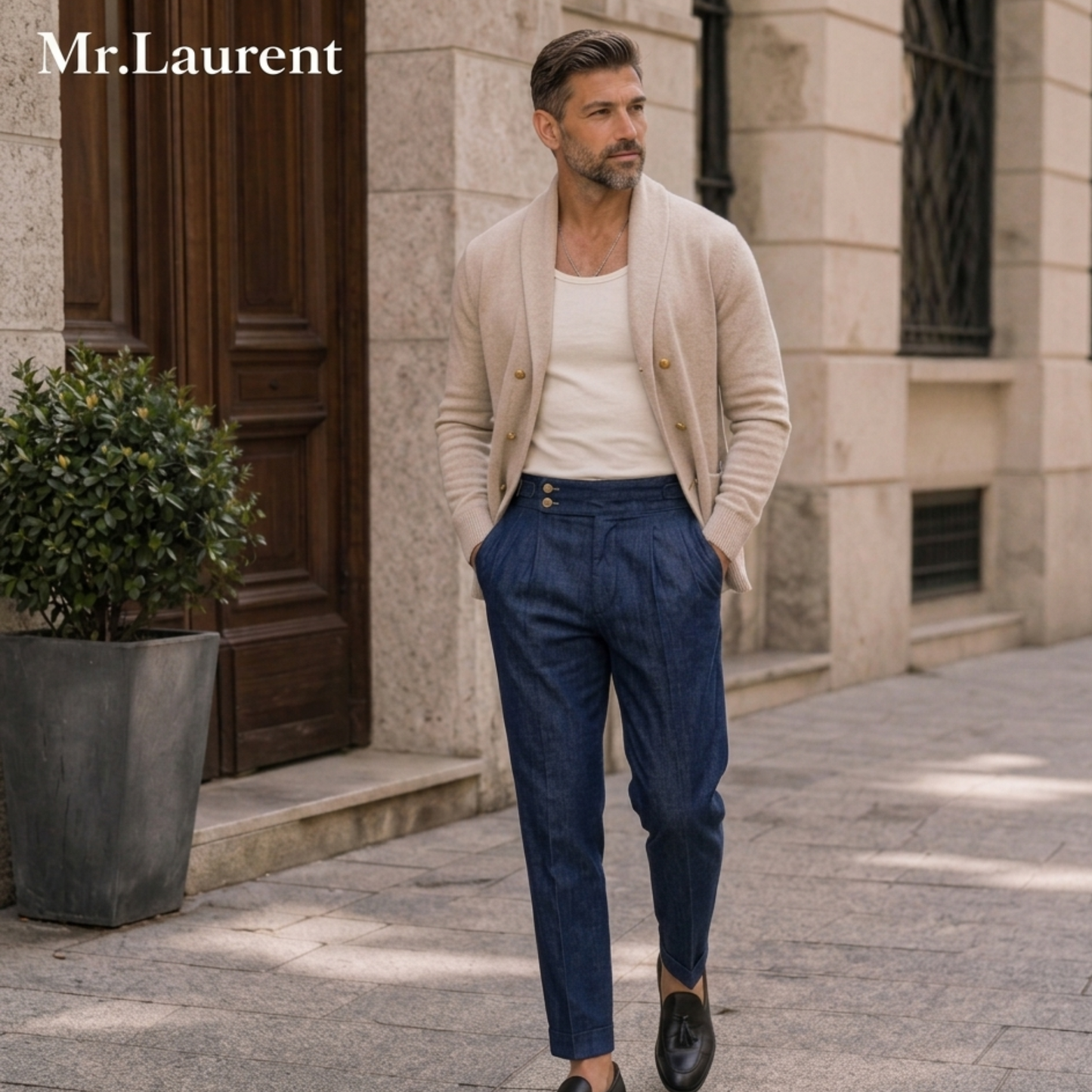 Mr.L デニム生地  2つボタン ウエストサイドベルト サイズ調整可能 メンズ ストレートパンツ シワになりにくい スラックス