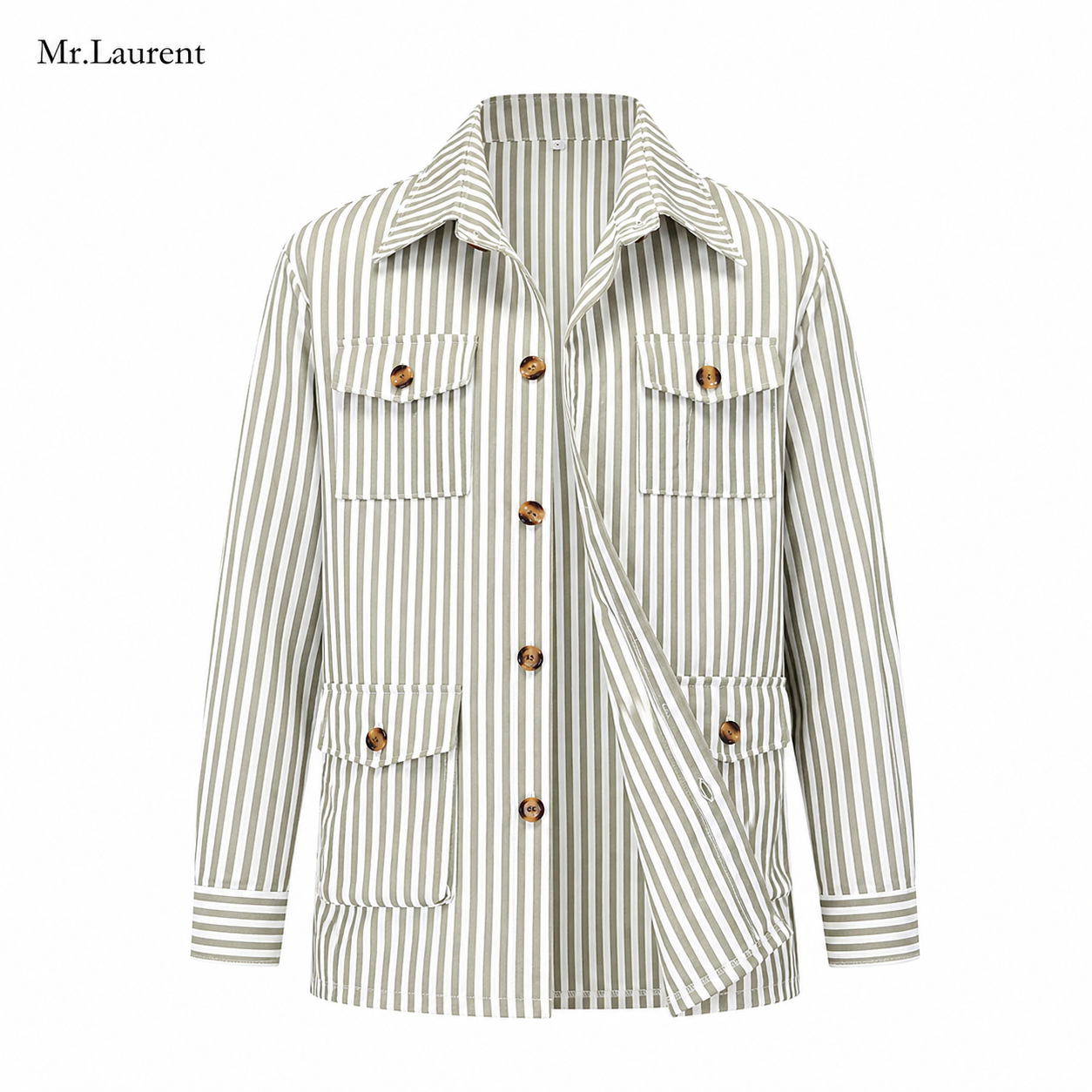 Mr.L サファリシャツジャケット メンズストライプ 多ポケット長袖 男性カーディガンシャツ