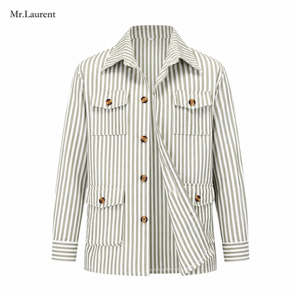 Mr.L サファリシャツジャケット メンズストライプ 多ポケット長袖 男性カーディガンシャツ