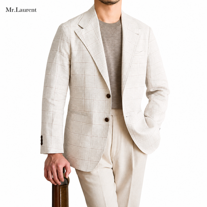 Mr.L スリムフィット シングルブレスト 2つボタン リネン 天然素材 チェック 柄 ピークドラペル 玉縁ポケット スタンダード 機能性抜群 シワになりにくい エレガント テーラード ジャケット