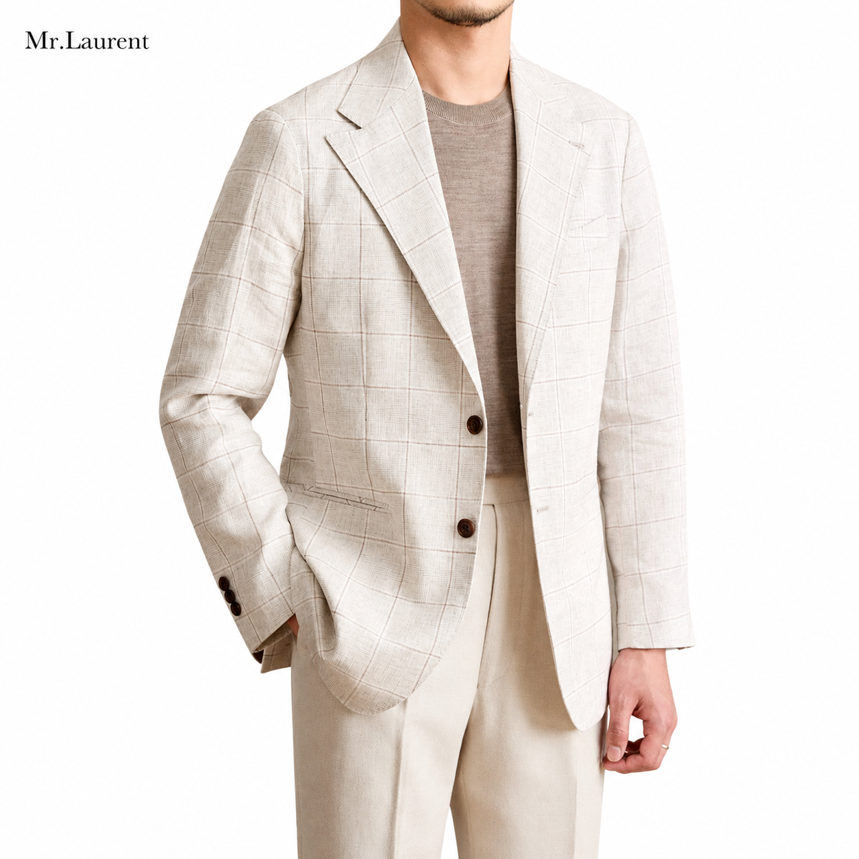 Mr.L スリムフィット シングルブレスト 2つボタン リネン 天然素材 チェック 柄 ピークドラペル 玉縁ポケット スタンダード 機能性抜群 シワになりにくい エレガント テーラード ジャケット