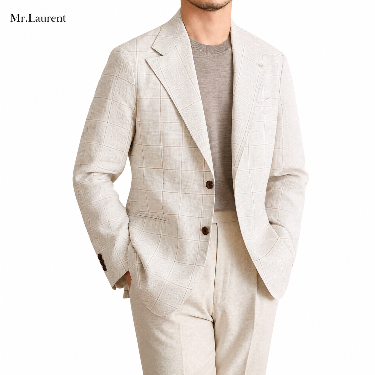 Mr.L スリムフィット シングルブレスト 2つボタン リネン 天然素材 チェック 柄 ピークドラペル 玉縁ポケット スタンダード 機能性抜群 シワになりにくい エレガント テーラード ジャケット