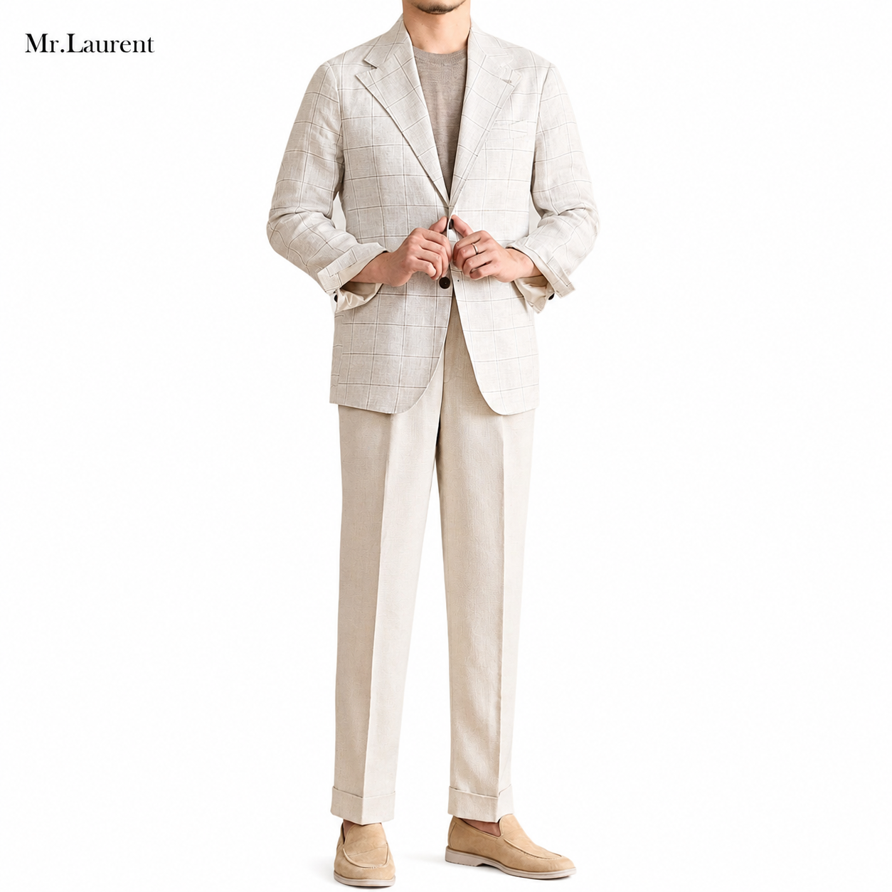 Mr.L スリムフィット シングルブレスト 2つボタン リネン 天然素材 チェック 柄 ピークドラペル 玉縁ポケット スタンダード 機能性抜群 シワになりにくい エレガント テーラード ジャケット
