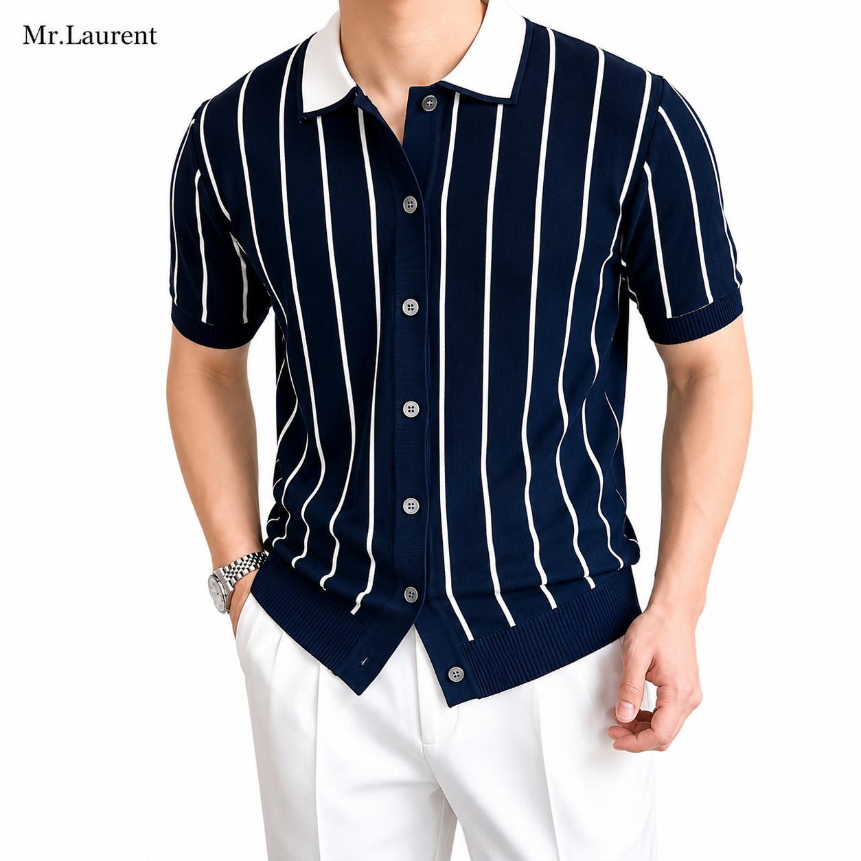 Mr.L ニットポロカーディガン リブ編み サマーニット 半袖 メンズ