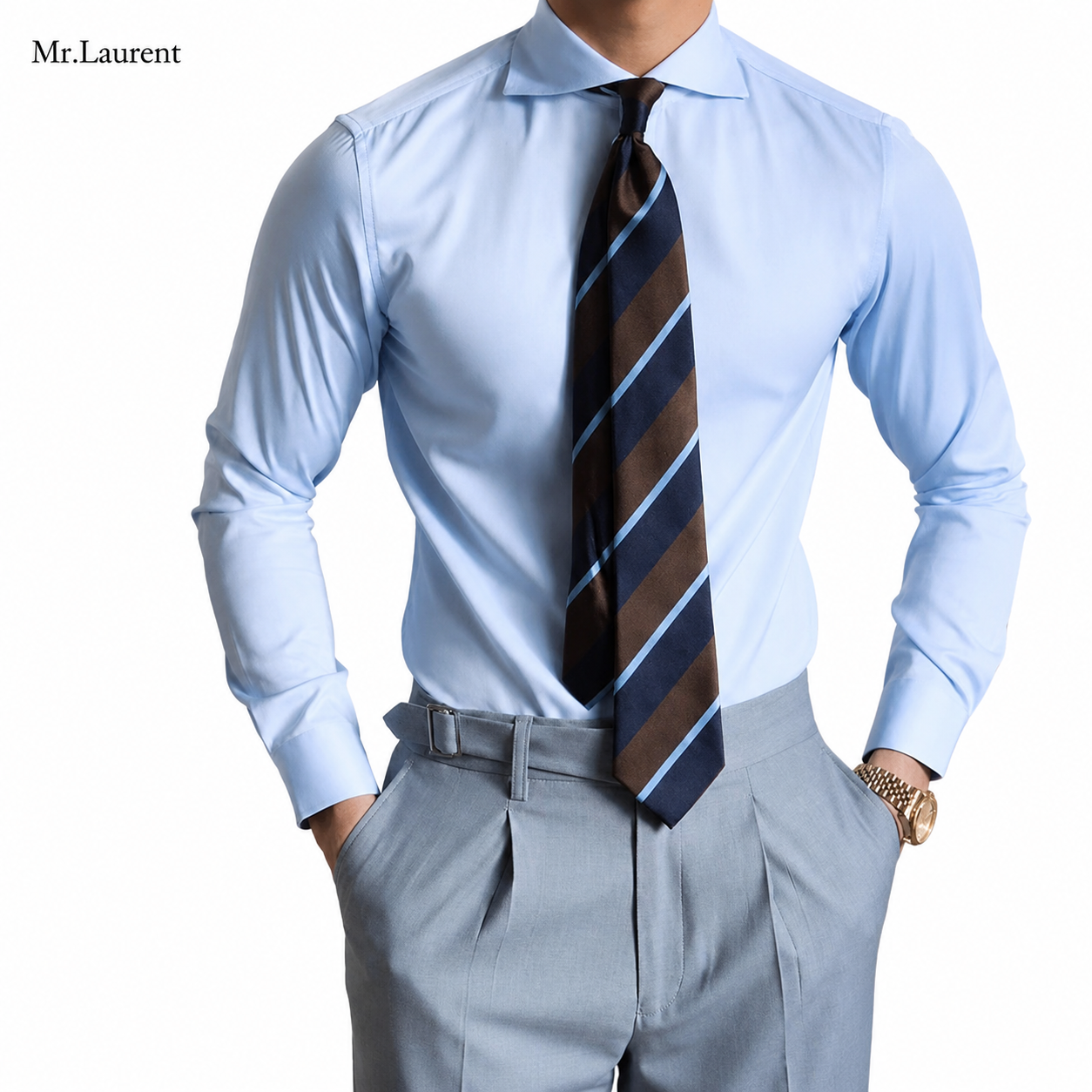 Mr.L ワイドカラー ビジネスシャツ スリムフィット ドレスシャツ メンズ