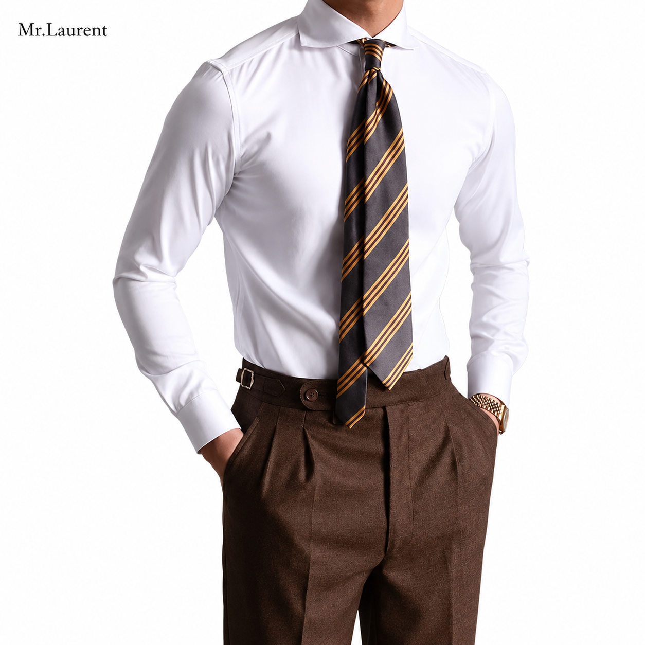Mr.L ワイドカラー ビジネスシャツ スリムフィット ドレスシャツ メンズ