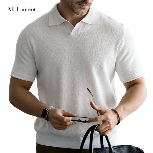 Mr.L リブ編みニットポロシャツ メンズ 上質ストレッチ サマーニット イタリアンカジュアル 半袖