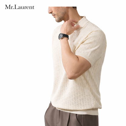 Mr.L ミニマルリブニットポロ メンズ 上質ストレッチ サマーニット 半袖 イタリアンカジュアル