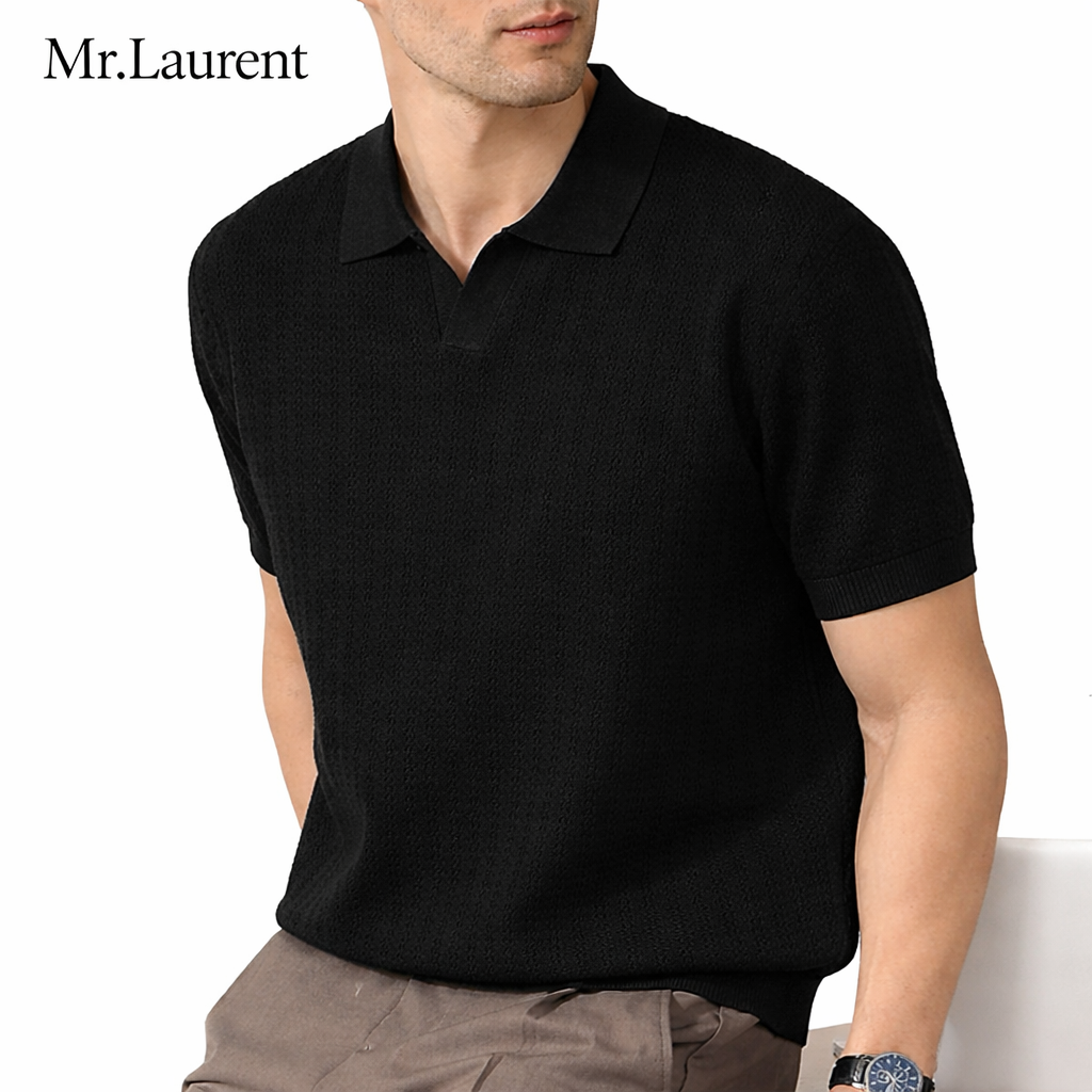 Mr.L ミニマルリブニットポロ メンズ 上質ストレッチ サマーニット 半袖 イタリアンカジュアル