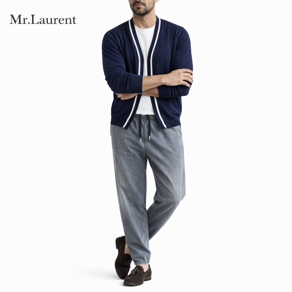 Mr.L ミニマルニットカーディガン メンズ ストレッチ素材 上質ドレープ イタリアンカジュアル