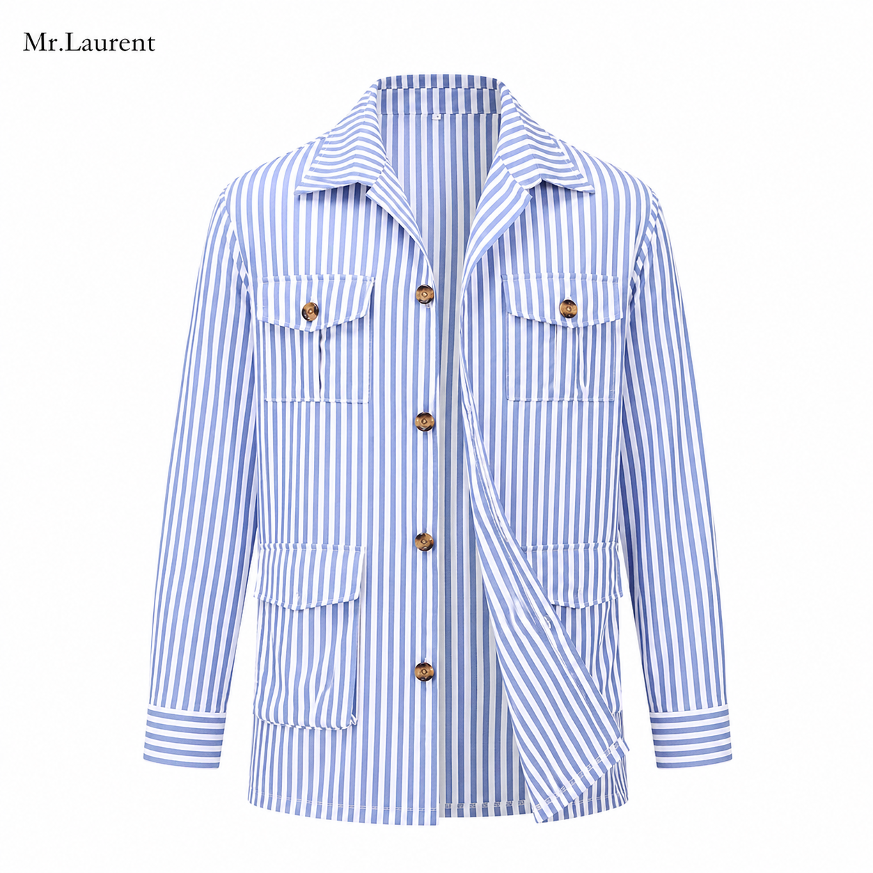Mr.L サファリシャツジャケット メンズストライプ 多ポケット長袖 男性カーディガンシャツ