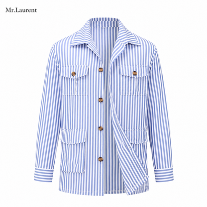 Mr.L サファリシャツジャケット メンズストライプ 多ポケット長袖 男性カーディガンシャツ