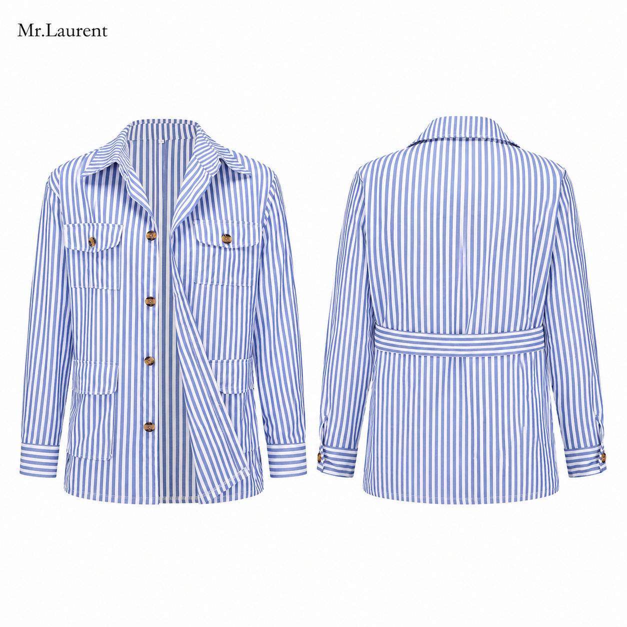 Mr.L サファリシャツジャケット メンズストライプ 多ポケット長袖 男性カーディガンシャツ