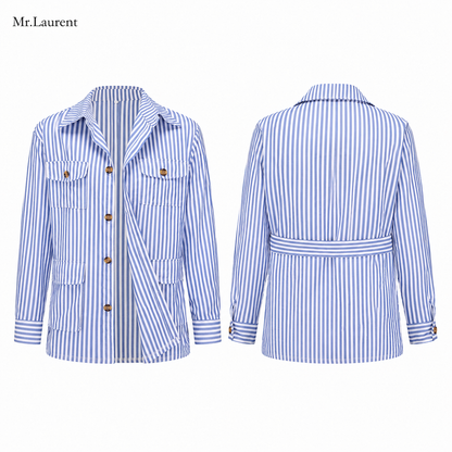 Mr.L サファリシャツジャケット メンズストライプ 多ポケット長袖 男性カーディガンシャツ