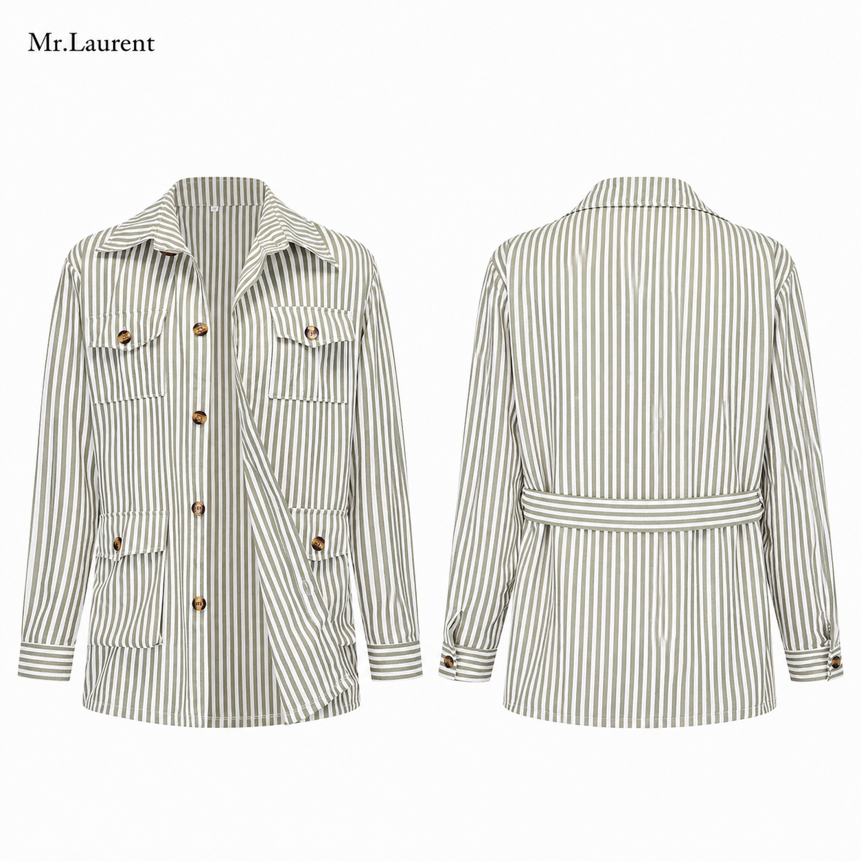 Mr.L サファリシャツジャケット メンズストライプ 多ポケット長袖 男性カーディガンシャツ