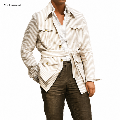 Mr.L サファリシャツジャケット メンズストライプ 多ポケット長袖 男性カーディガンシャツ