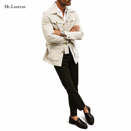 Mr.L サファリシャツジャケット メンズストライプ 多ポケット長袖 男性カーディガンシャツ