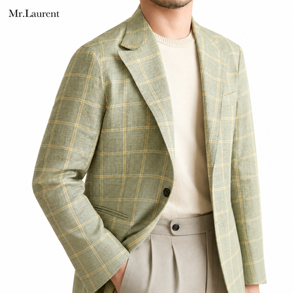 Mr.L スリムフィット シングルブレスト 2つボタン リネン 天然素材 チェック 柄 ピークドラペル 玉縁ポケット スタンダード 機能性抜群 シワになりにくい エレガント テーラード ジャケット
