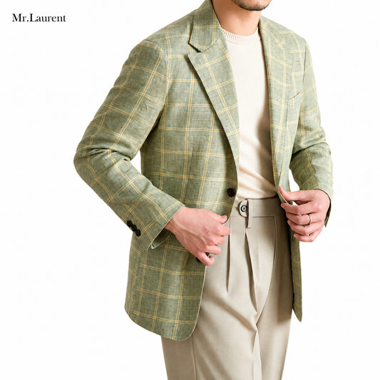 Mr.L スリムフィット シングルブレスト 2つボタン リネン 天然素材 チェック 柄 ピークドラペル 玉縁ポケット スタンダード 機能性抜群 シワになりにくい エレガント テーラード ジャケット