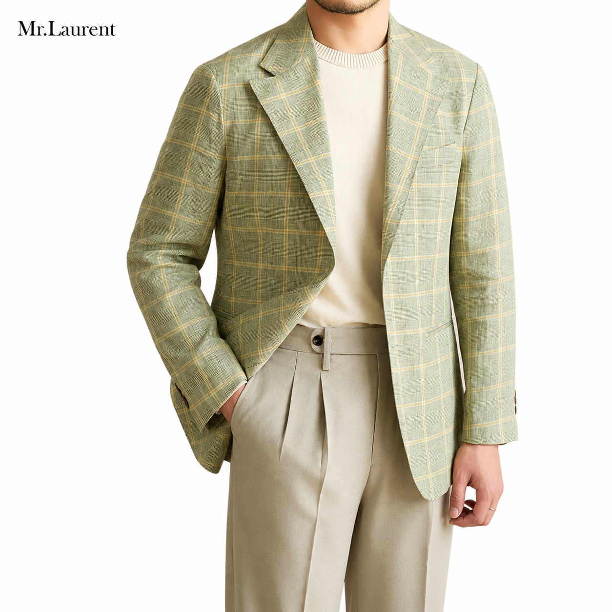 Mr.L スリムフィット シングルブレスト 2つボタン リネン 天然素材 チェック 柄 ピークドラペル 玉縁ポケット スタンダード 機能性抜群 シワになりにくい エレガント テーラード ジャケット