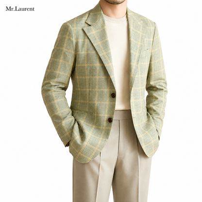 Mr.L スリムフィット シングルブレスト 2つボタン リネン 天然素材 チェック 柄 ピークドラペル 玉縁ポケット スタンダード 機能性抜群 シワになりにくい エレガント テーラード ジャケット