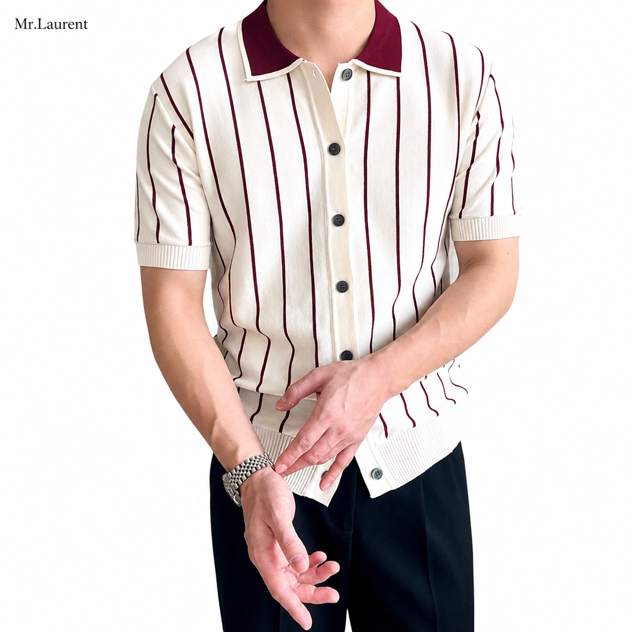 Mr.L ニットポロカーディガン リブ編み サマーニット 半袖 メンズ