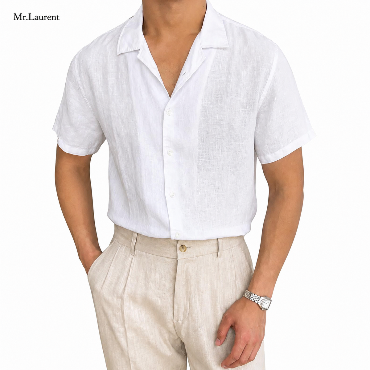 Mr.L 100%リネン オープンカラーシャツ リラックスシルエット 半袖 メンズ