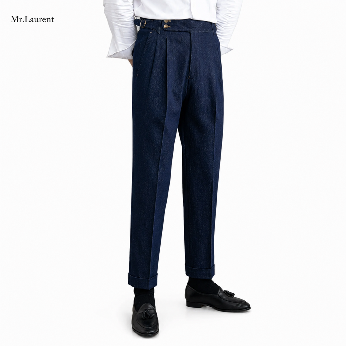 Mr.L デニム生地  2つボタン ウエストサイドベルト サイズ調整可能 メンズ ストレートパンツ シワになりにくい スラックス