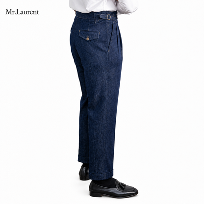 Mr.L デニム生地  2つボタン ウエストサイドベルト サイズ調整可能 メンズ ストレートパンツ シワになりにくい スラックス