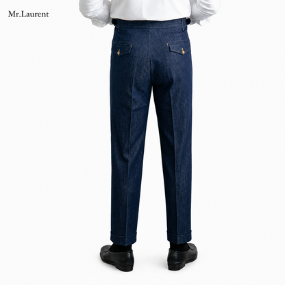 Mr.L デニム生地  2つボタン ウエストサイドベルト サイズ調整可能 メンズ ストレートパンツ シワになりにくい スラックス