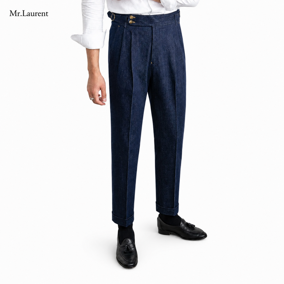 Mr.L デニム生地  2つボタン ウエストサイドベルト サイズ調整可能 メンズ ストレートパンツ シワになりにくい スラックス