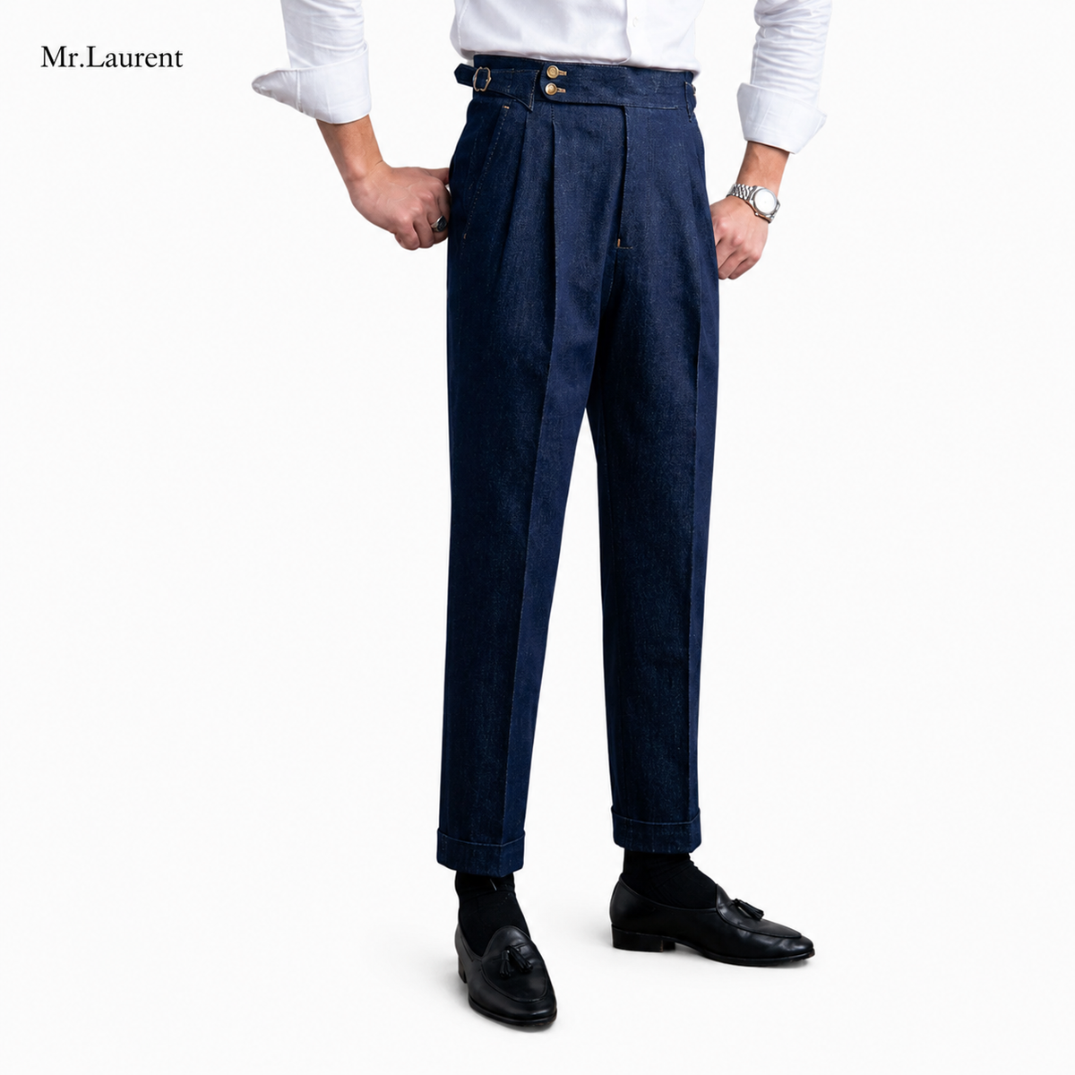Mr.L デニム生地  2つボタン ウエストサイドベルト サイズ調整可能 メンズ ストレートパンツ シワになりにくい スラックス