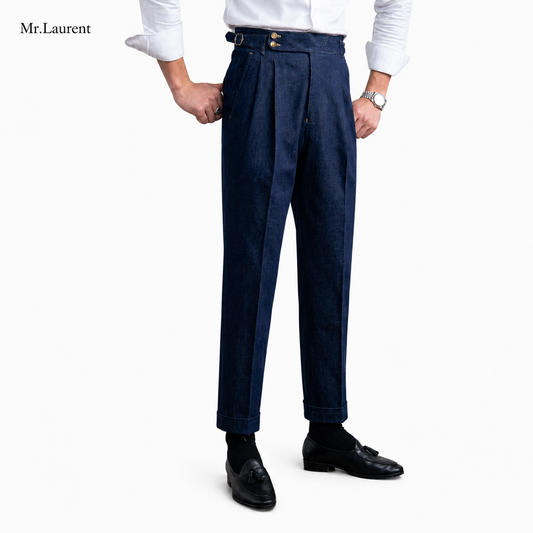 Mr.L デニム生地  2つボタン ウエストサイドベルト サイズ調整可能 メンズ ストレートパンツ シワになりにくい スラックス