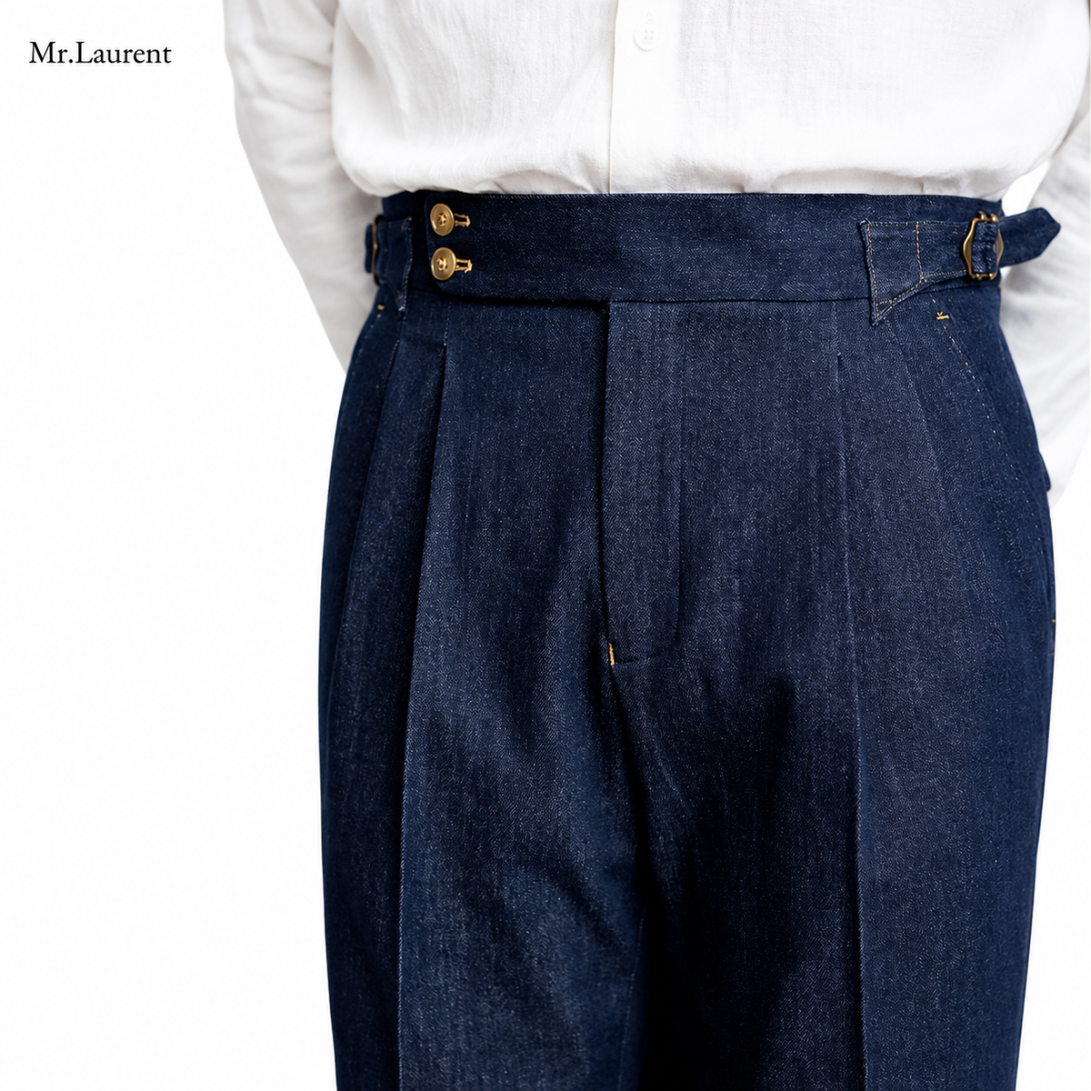 Mr.L デニム生地  2つボタン ウエストサイドベルト サイズ調整可能 メンズ ストレートパンツ シワになりにくい スラックス