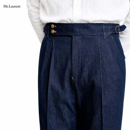 Mr.L デニム生地  2つボタン ウエストサイドベルト サイズ調整可能 メンズ ストレートパンツ シワになりにくい スラックス