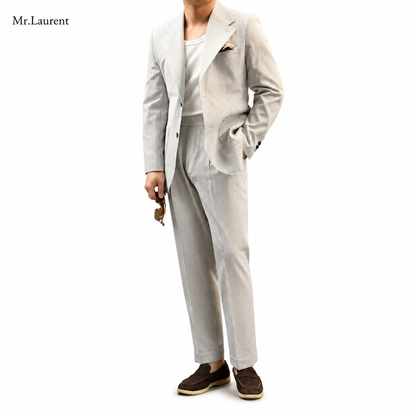 Mr.L 凹凸シアサッカー プレミアム セットアップ メンズ ストレッチ 軽量 速乾 アンコンジャケット テーパードパンツ 上下セット