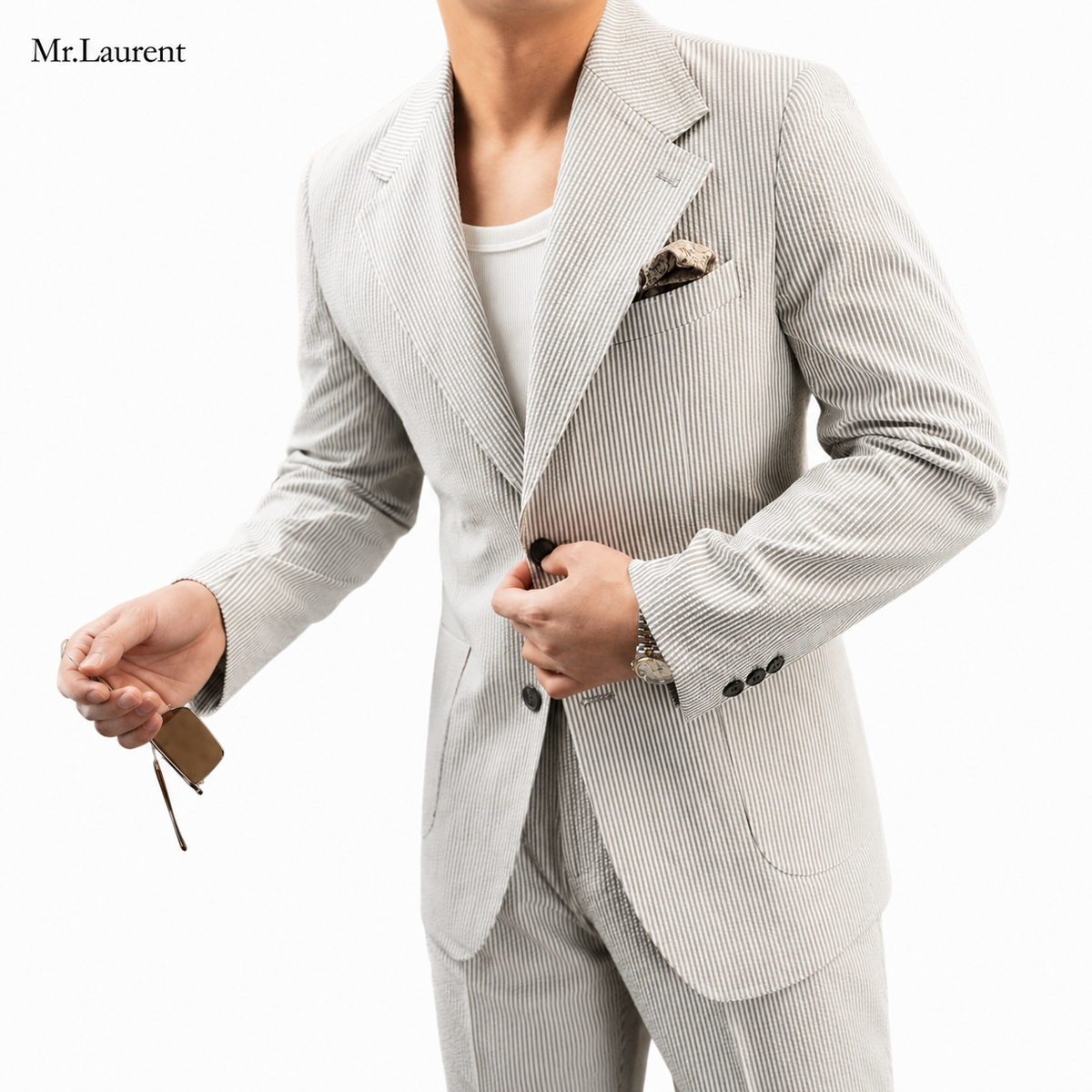 Mr.L 凹凸シアサッカー プレミアム セットアップ メンズ ストレッチ 軽量 速乾 アンコンジャケット テーパードパンツ 上下セット