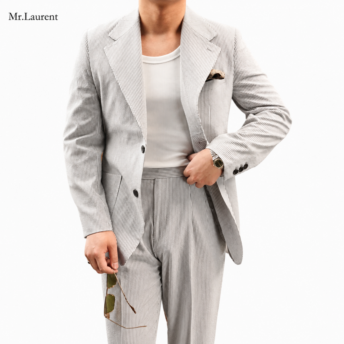 Mr.L 凹凸シアサッカー プレミアム セットアップ メンズ ストレッチ 軽量 速乾 アンコンジャケット テーパードパンツ 上下セット