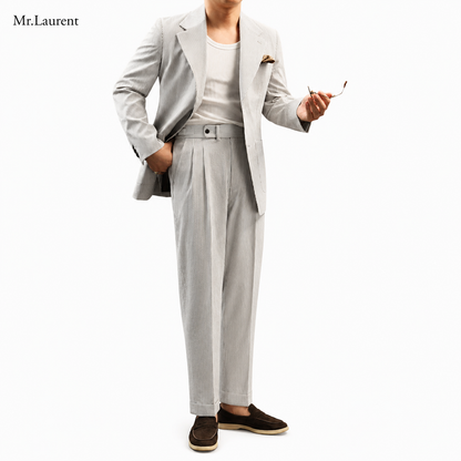 Mr.L 凹凸シアサッカー プレミアム セットアップ メンズ ストレッチ 軽量 速乾 アンコンジャケット テーパードパンツ 上下セット