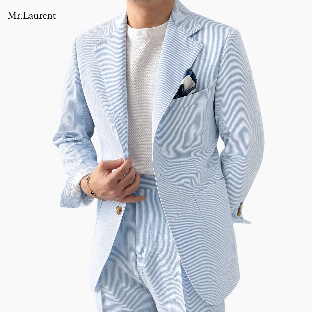 Mr.L 凹凸シアサッカー プレミアム セットアップ メンズ ストレッチ 軽量 速乾 アンコンジャケット テーパードパンツ 上下セット