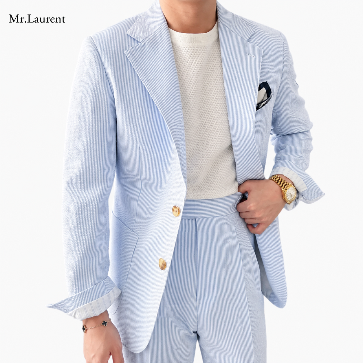 Mr.L 凹凸シアサッカー プレミアム セットアップ メンズ ストレッチ 軽量 速乾 アンコンジャケット テーパードパンツ 上下セット