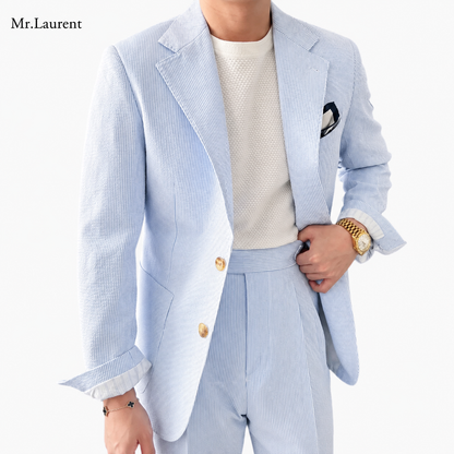 Mr.L 凹凸シアサッカー プレミアム セットアップ メンズ ストレッチ 軽量 速乾 アンコンジャケット テーパードパンツ 上下セット