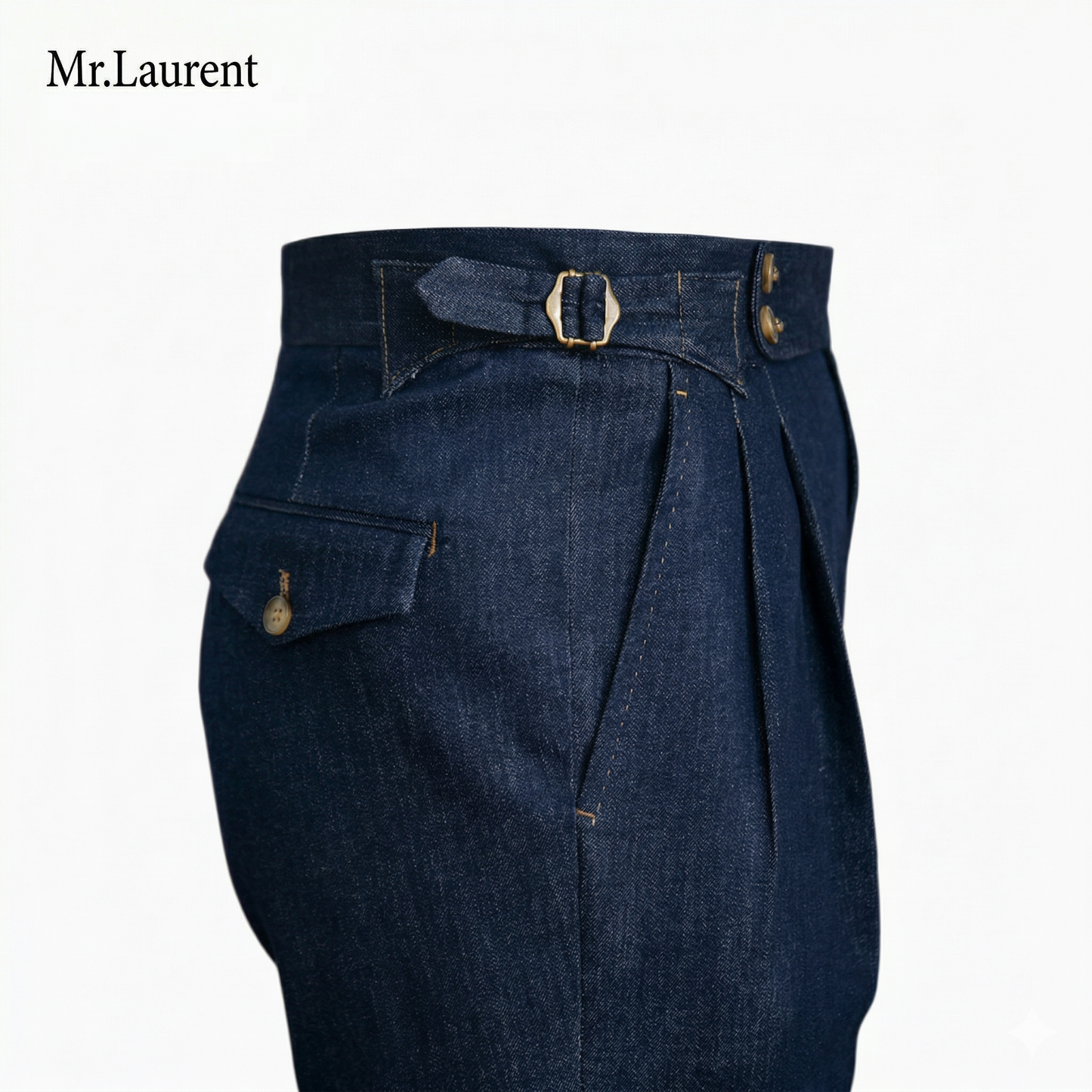 Mr.L デニム生地  2つボタン ウエストサイドベルト サイズ調整可能 メンズ ストレートパンツ シワになりにくい スラックス
