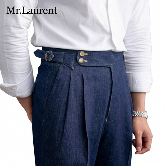 Mr.L デニム生地  2つボタン ウエストサイドベルト サイズ調整可能 メンズ ストレートパンツ シワになりにくい スラックス