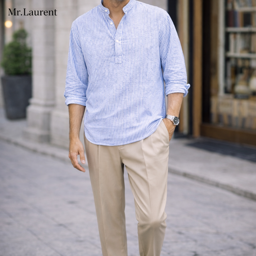 Mr.L ストライプ バンドカラーシャツ リラックスシルエット 長袖 メンズ
